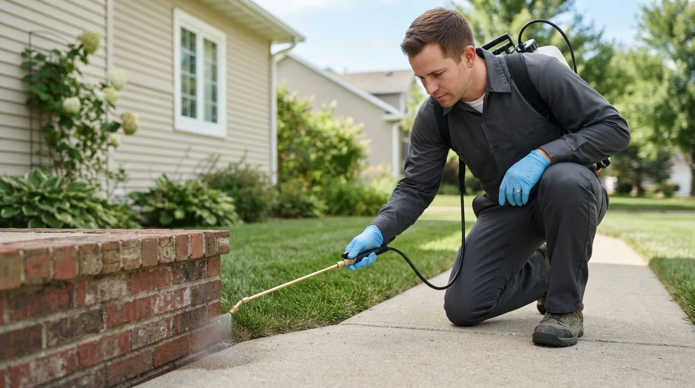 Pest control technician treating a home near Chatfield, MN
